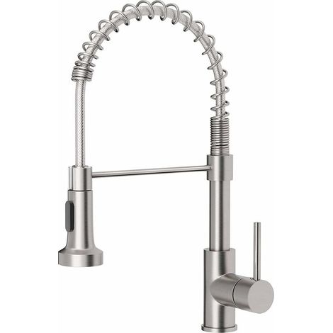 Robinets de cuisine à faible plomb Commercial Solid Brass Single Handle Single Lever Pull Down Sprayer Spring Kitchen Sink Faucet, Brushed Nickel (1/5)