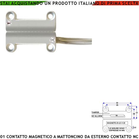 Contatto Magnetico a Mattoncino da Esterno 1 Pezzo per Allarme Porte Infissi Contatto Reed NC Sottovuoto Sensibilità Magnetica 13 mm Tensione Max 30 V Carico Resistivo 1 A IP65 4 Fili 2 NC e 2 Tamper (1/2)