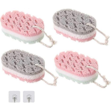 Éponge de bain pour adultes, éponge de massage douce avec 2 crochets, éponge exfoliante pour le corps (4 pièces) (1/5)