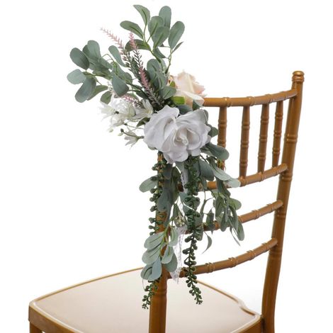 4 décorations florales artificielles bleues pour dossiers de chaises, avec ruban et feuilles, pour mariages et fêtes. (1/5)