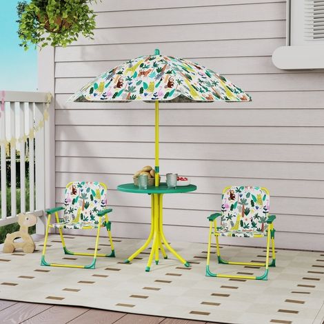 Ensemble de jardin pour enfants 4 pièces avec parasol amovible– Table et 2 chaises pliantes (Vert), adapté 2-5 ans pour pique-nique extérieur (1/5)