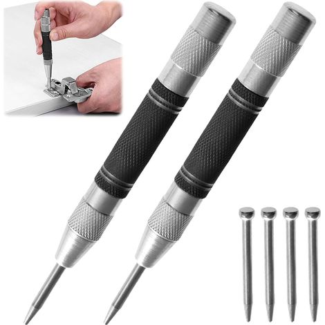 Punzón central automático, juego de 2 punzones centrales automáticos, punzón central, herramienta de marcado para metal, vidrio y madera, ideal para bricolaje y emergencias, incluye 4 puntas de repues (1/5)
