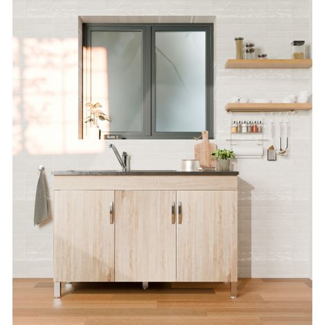 Meuble sous-évier 3 portes BENT Bois Clair avec évier (1/5)