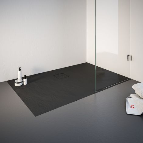 Schulte – Receveur de douche 90 x 140 cm – Résine minérale – Décor effet pierre anthracite – Montage surélevé, à poser ou à encastrer – Bonde de vidage incluse