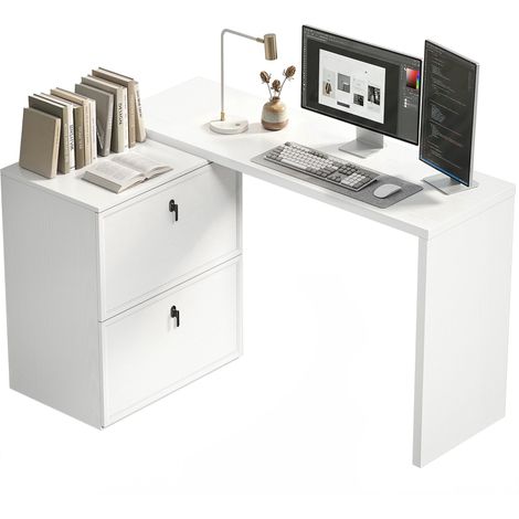 Bureau d'angle réversible en forme de L avec 2 tiroirs de classement, design moderne pour petits espaces de bureau, blanc (1/5)
