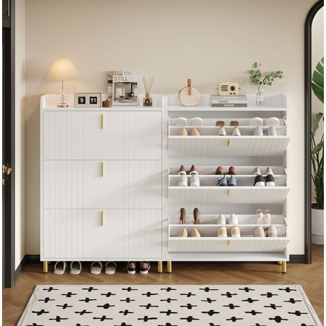 Zapatero 80/23/123,5 cm blanco de MDF con 3 puertas abatibles y patas doradas (1/5)