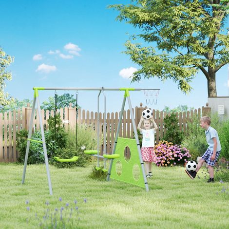 Columpio de jardín 4 en 1 para niños de 3 a 8 años con 2 columpios, aro de baloncesto y portería de fútbol, columpio doble para niños, estructura metálica en forma de A para uso exterior, capacidad de (1/5)