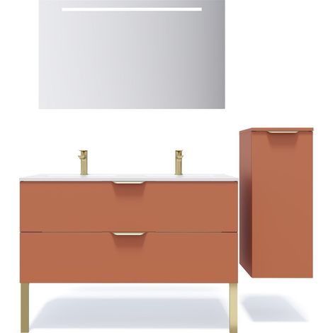 Meuble de salle de bain suspendu double vasque intégrée 120cm 2 tiroirs Terracotta + miroir + colonne ouverture droite - Venice (1/5)