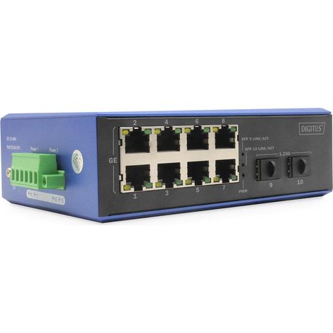 DIGITUS Industrial 8+2-Port Gigabit Ethernet PoE Switch 8 Port GE PoE RJ45, 2 GE SFP Port