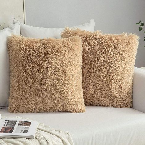 Set di 2 federe quadrate per cuscini, in finta pelliccia, copridivano di lusso ultra morbido, federa soffice e confortevole, adatta per letto, divano, soggiorno, camera da letto, 43x43 cm, color kaki (1/5)