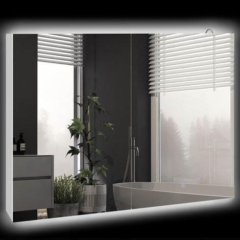 Armoire miroir LED de salle de bain - 2 portes, 2 étagères - blanc laqué