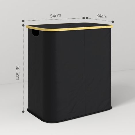 Panier à linge 80 L à 2 compartiments avec couvercle, en tissu non tissé et bambou, 54 x 34 x 58,5 cm, noir (1/5)