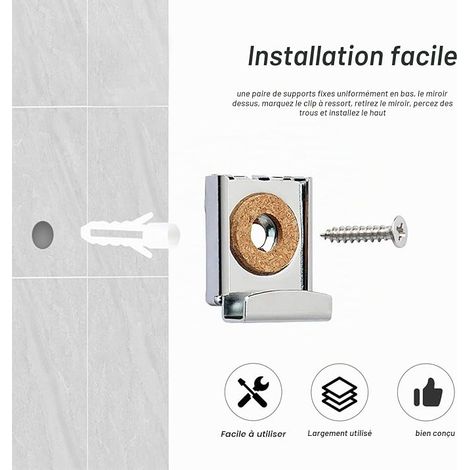 Mirror Bracket, Frameless Square Mirror Bracket, Spring-Mounted Mirror Mounting Kit, with Silver Pins and Screws (1/4)