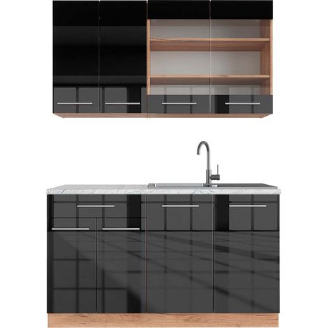 Cocina para solteros Fame-Line, Antracita brillo intenso/roble dorado eléctrico, 140 cm , ET Mármol, Vicco