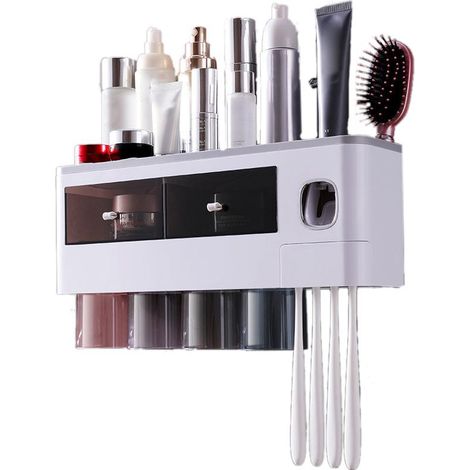 Porte-brosse à dents mural multifonction à fixation magnétique avec tiroir et distributeur de dentifrice à 4 compartiments, gris translucide (38,4 x 11,3 x 20 cm / 15,1 x 4,4 x 7,9 po) (1/4)