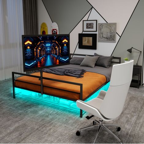 Lit en fer noir avec LED réglables, support écran orientable et panier de rangement – L 206 cm (1/5)