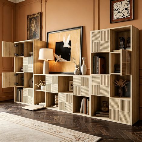 Bibliothèque 60x30x125cm, Étagère, Meuble de Rangement avec 8 Compartiments, Étagère sur Pied, Meuble de rangement 4 niveaux, portes à lattes, MDF, Bois naturel, pour Salon, Chambre Or Bureau (1/5)