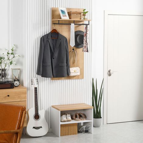 Organisateur d'entrée avec banc à chaussures. Étagères à chaussures. Porte-manteau à 4 crochets. Porte-manteau pour entrée. Blanc et naturel