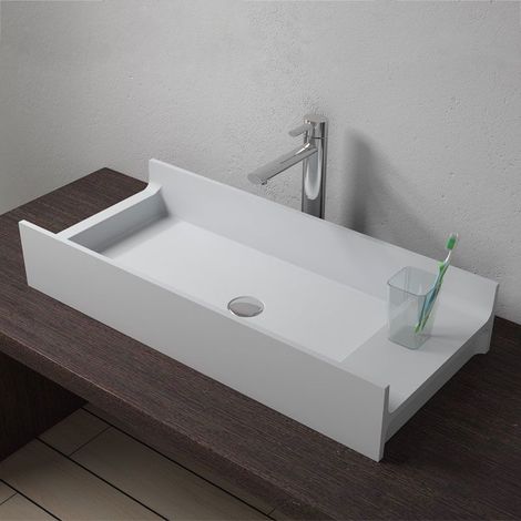Distribain – Vasque à poser rectangulaire en solid surface 800x360x140mm – Finition blanche mate – Porte-savon intégré – Double vasque possible (1/4)