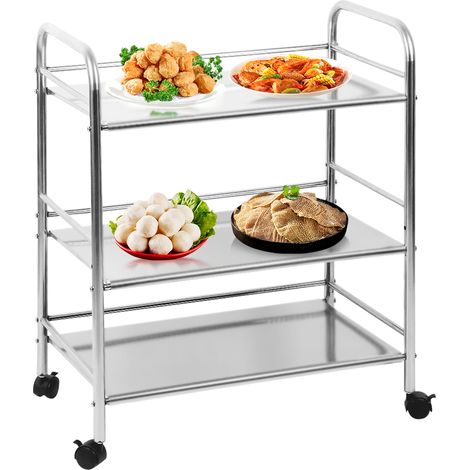 Yongqing – Chariot de service inox 3 plateaux avec roues verrouillables – Charge maximale 75 kg – Dimensions 61×36×75 cm – Argent