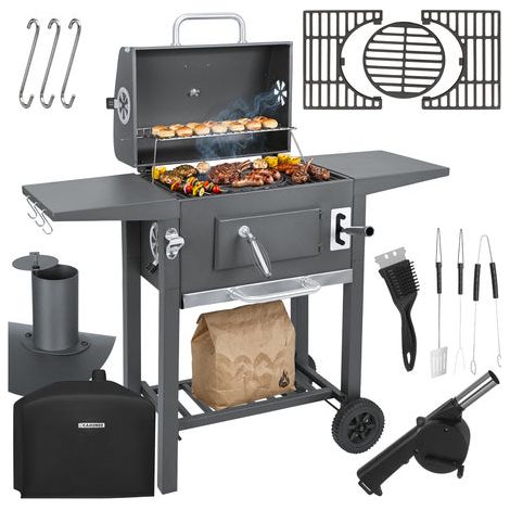 Barbecue a carbone da giardino con coperchio, griglia in ghisa e termometro.