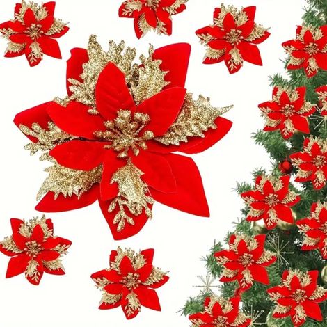 10 PCS Poinsettia Flowers, 5.5" (14cm) Christmas Decorations