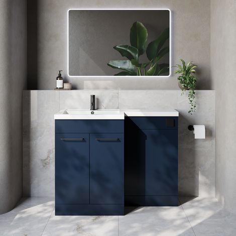 Napoli 460 Deep Blue 1100mm 2 Door Vanity Unit Toilet Suite with Left Hand Square Lucia Basin - 1100mm - Matt Black 160mm HandleWithout Kingston Toilet Pan
