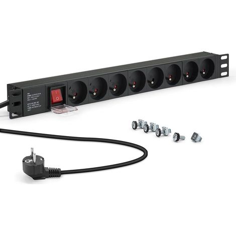 Multiprise Rackable 19 Pouces, Bandeau 8 Prises Schuko avec Interrupteur, Fixations Pattes métal pour Rack 19 Pouces, Câbles 1,80m, fiche CEE 7/7 (1/5)