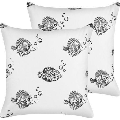 2 Coussins Décoratifs en Coton Blanc à Motif de Poissons 45 x 45 cm Doux Tweedia (1/5)