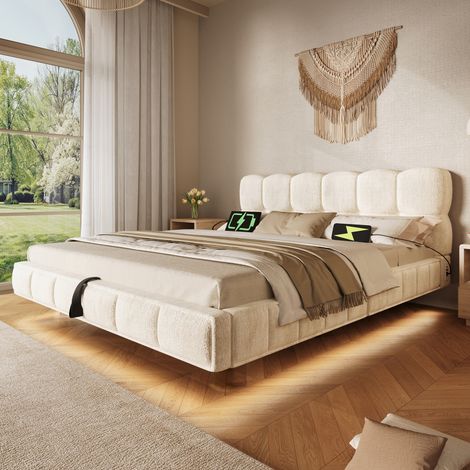 Lit coffre 140 x 190 cm, lit adulte avec rangement, rangement hydraulique, éclairage LED, connectique USB, sommier à lattes inclus, tissu, beige (1/5)