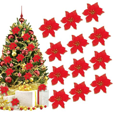 12 Stück 14 cm Weihnachtsblumen, Simulationsblumen, künstliche Blumen, Weihnachtsbaumschmuck, Zubehör, Weihnachtsbaumschmuck, Heim-Weihnachtsfeier (Weihnachtsrot) (1/5)