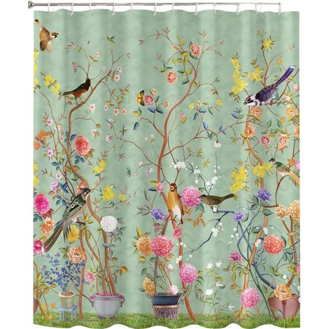 Rideau De Douche - Polyester Impermeable - 180 X 180 Cm - Motif Fleur Oiseau - 12 Crochets Inclus