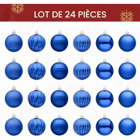24 boules de Noël bleues de 6 cm, incassables, à suspendre au sapin ou à décorer avec une guirlande. (1/4)