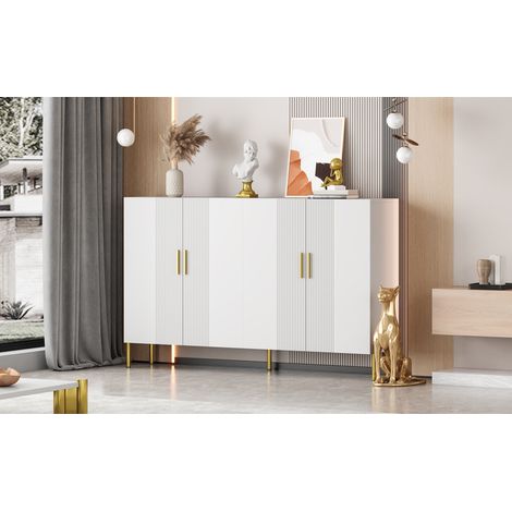 Armoire moderne et simple, en blanc, avec des fonctionnalités multiples. Elle possède quatre portes ouvertes et fermées. L’armoire est décorée en dorure. Ses dimensions sont de 16035100 cm. (1/5)