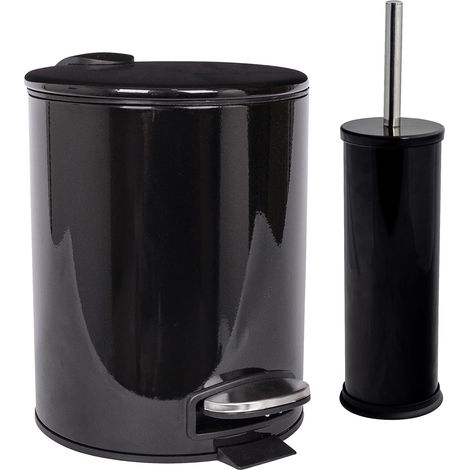 2pc Noir 5L Rond Poubelle à Pédale en Acier Inoxydable & Brosse de Toilette Set - Petit Mince Salle de Bain Cuisine Déchets Accessoires (1/5)