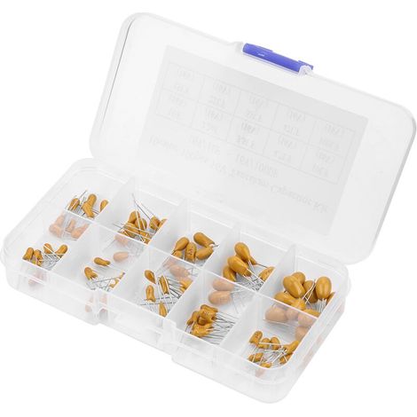 Kit de 100 condensateurs au tantale assortis (10 valeurs, 16 V, 1 µF à 100 µF) avec boîte. (1/5)
