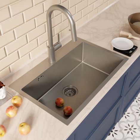 Ceramia Timeless 68x45x21 cm lavello da incasso + miscelatore in acciaio inox con doccetta estraibile, gun metal spazzolato (1/4)