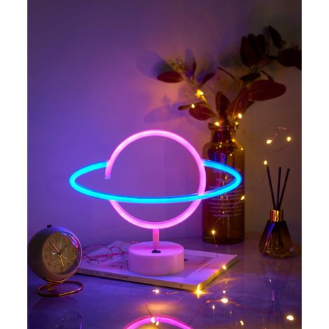Signes néon Planète, Lampe néon LED bleue et rose alimentée par pile/USB, lampes néon de nuit pour chambre avec socle Anniversaire Enfants Noël Chambre