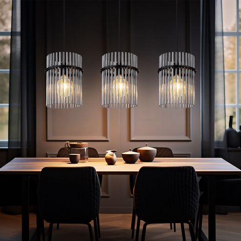 Hängelampe Wohnzimmerleuchte Pendellampe Esszimmerleuchte Deckenleuchte, Metall schwarz Glasstäbe rauchfarben, 3 Flammig E27, L 80 cm (1/5)