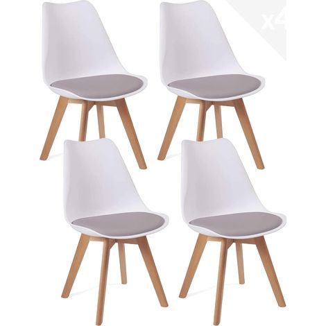 Ensemble de 4 chaises de design scandinave pour cuisine, salle à manger ou chambre - Assise large en plastique souple - Assise avec coussin rembourré en similicuir - Pieds en hêtre clair du Laos (blan (1/5)