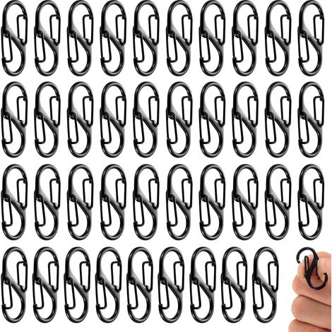 100 Stück Mini-S-förmige Karabiner, 32 mm kleine Metallschlaufenkarabiner mit Doppelfeder, 2 Öffnungen für Camping, Wandern, Angeln, Reisen, drinnen und draußen (Schwarz) (1/5)