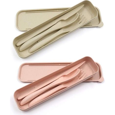 Couverts Portables En Paille De Blé - Cuillère Fourchette Couteau - Pour Voyages Pique-Niques Camping Bureau Maison - Lot De 2 (1/5)
