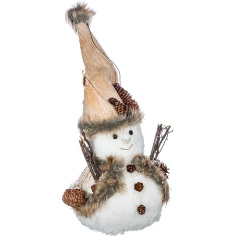 Statuetta di pupazzo di neve, 32 cm, bianca, realizzata in legno e corteccia.