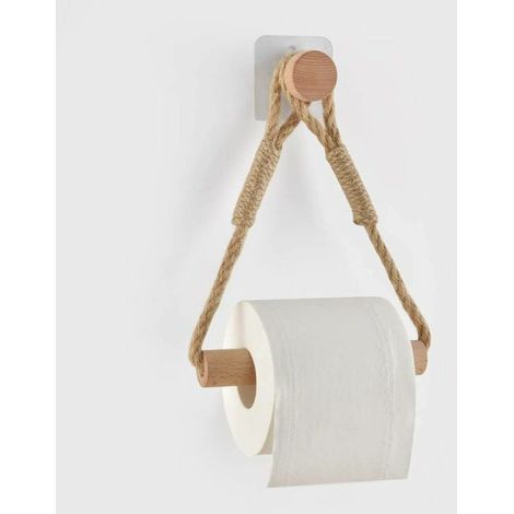 Auto Adhésif Support pour Rouleau de Papier Toilette, Porte-Papier Salle de Bain Support de Rouleau de Serviette Toilette Corde en Bois Anneau De Serviette Rustic (1/5)