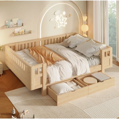 Letto per bambini 140x200 con barriera di sicurezza e 2 cassetti, legno naturale HAVRYA (1/5)