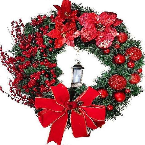 Couronne de Noël avec lampe, nœud, boule, grosse fleur rouge, décoration murale, porte, fenêtre, cheminée, escalier, balcon, jardin, verte (1/5)
