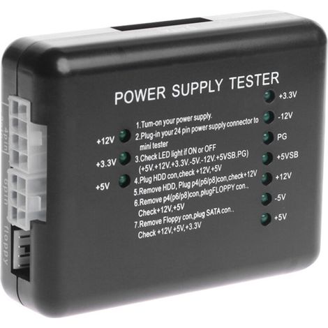 Tester per alimentatori PC a 20/24 pin per alimentatori di hard disk ATX SATA, con indicatori LED, in grado di misurare tensioni di 12 V, 5 V e 3,3 V.