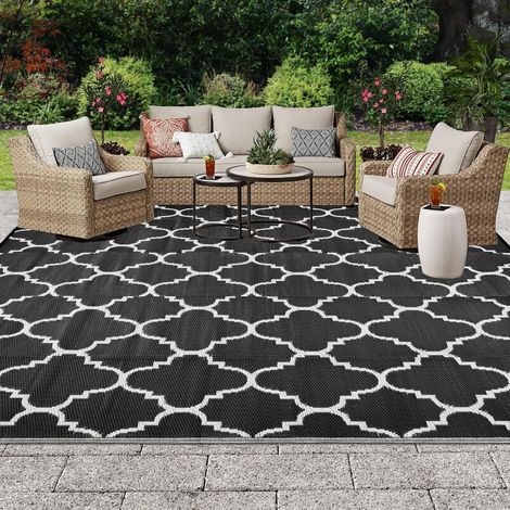 Grand Tapis Extérieur Réversible 150 x 240 cm, Tapis Plastique en Polypropylène Résistant à la Pluie et aux UV, Antidérapant, Pliable et Lavable, pour Terrasse Jardin Camping Plage, Noir (1/5)