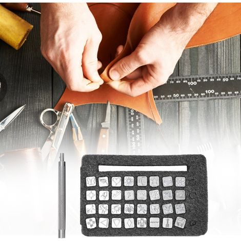 Kit de 32 tampons en alliage de zinc pour le travail du cuir, avec poignées et outils pour le marquage, la gravure et le gaufrage. (1/5)
