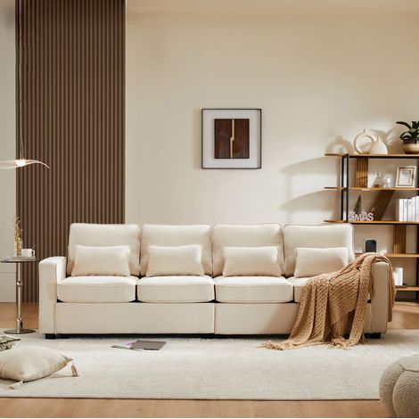Divano 4 posti 264x83x87 cm beige in lino con 4 cuscini lombari e tasche portaoggetti (1/5)